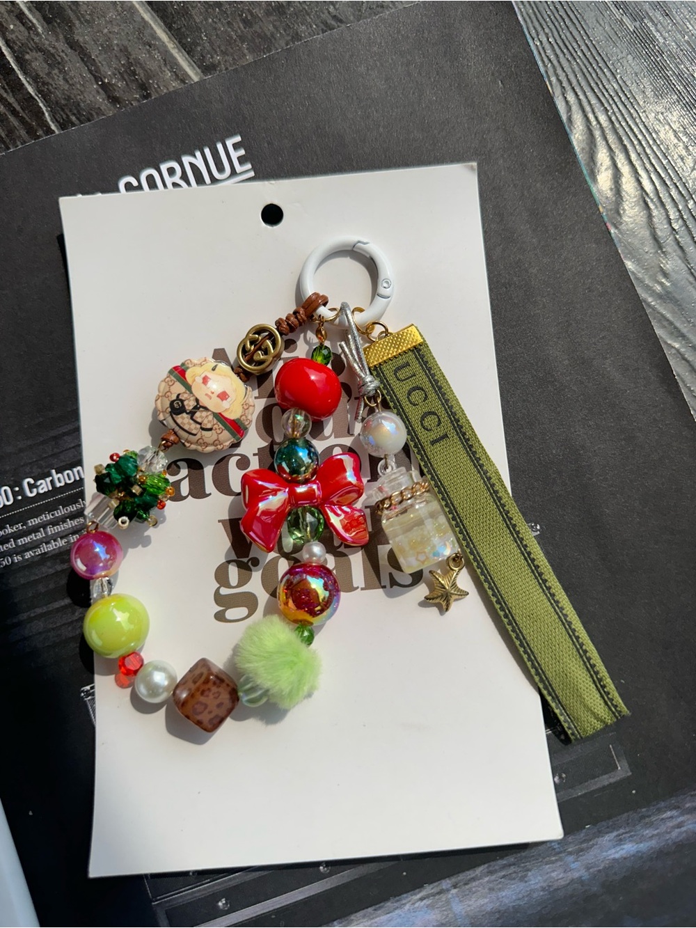 Authentic GG Ribbon and Christmas GG Bead & Wishing bottle Keychain Bag Charm